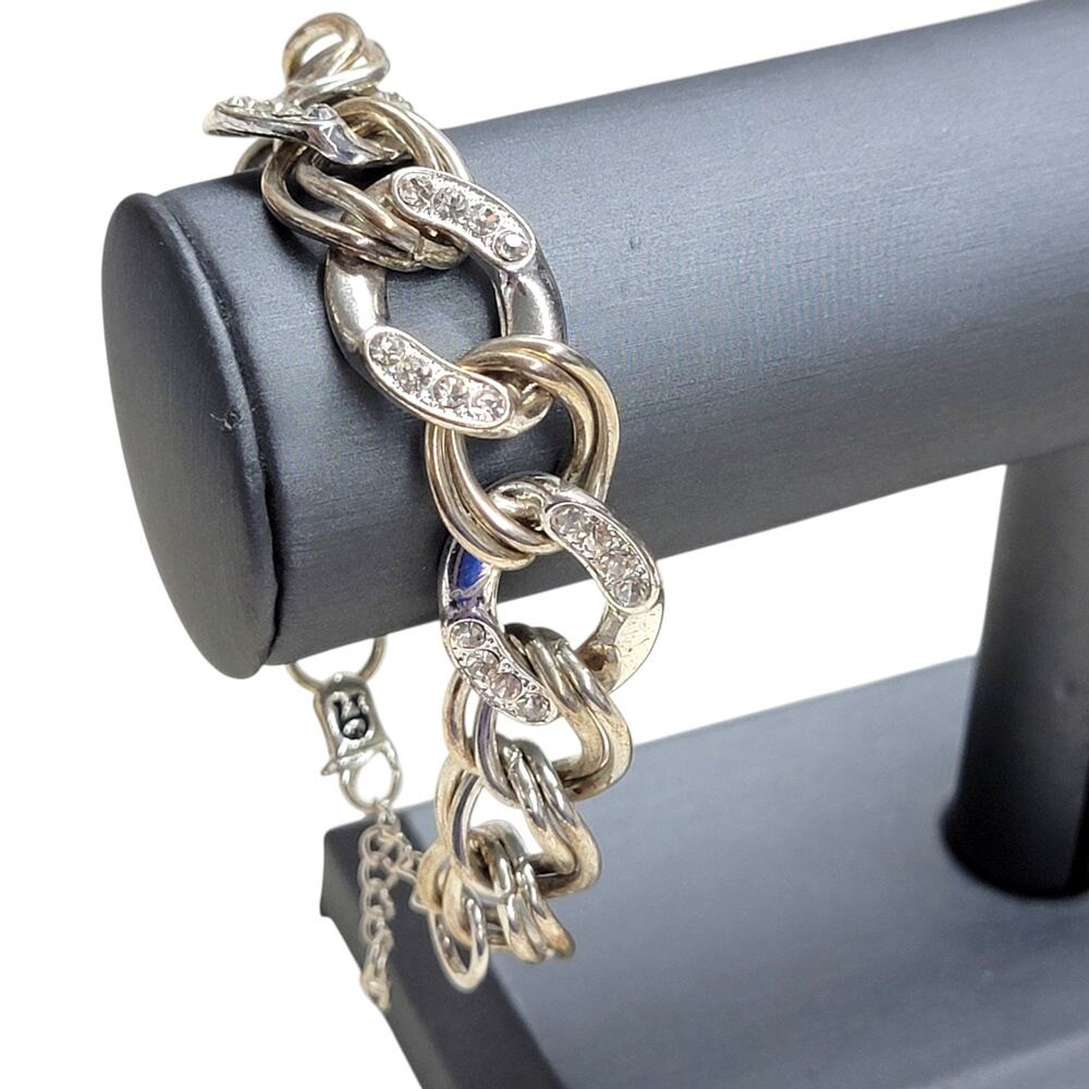 Etienne Aigner Silver Tone Rhinestone Double Link Chain Bracelet Logo Clasp